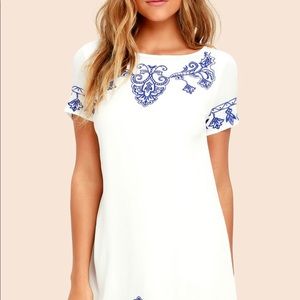 Lulus Blue and Ivory Embroidered Shift Dress